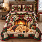 Cozy Christmas Golden Retriever quilted 3-piece bedding set on a made bed in a winter-styled bedroom
