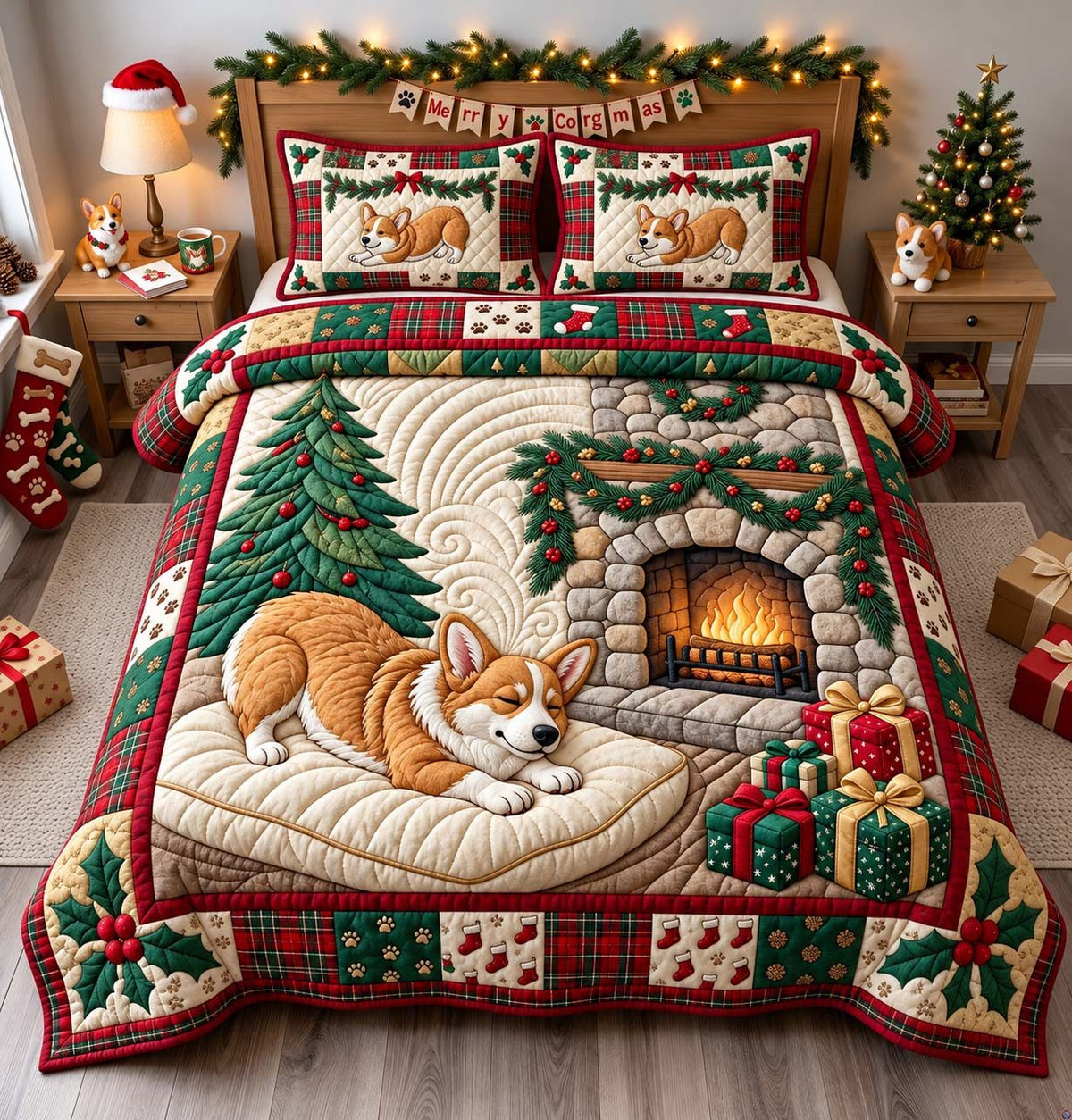 Cozy Corgi Fireplace quilted 3-piece bedding set on a made bed with two matching pillow shams