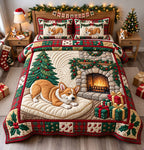 Cozy Corgi Fireplace quilted 3-piece bedding set on a made bed with two matching pillow shams
