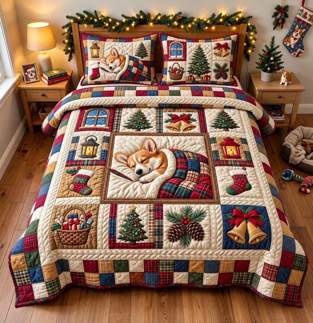 Cozy Corgi Patchwork quilted 3-piece bedding set on a made bed in a farmhouse bedroom