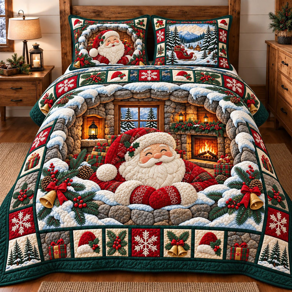 Cozy Fireplace Santa quilted 3-piece bedding set on a made bed in a winter-styled bedroom