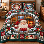 Cozy Fireplace Santa quilted 3-piece bedding set on a made bed in a winter-styled bedroom