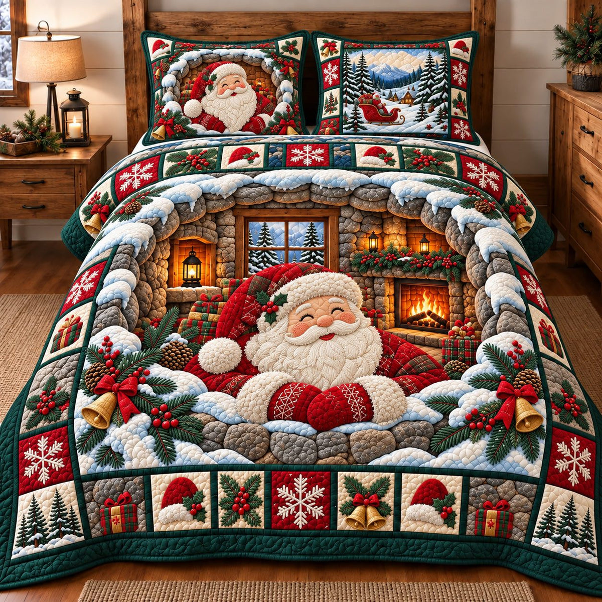 Cozy Fireplace Santa quilted 3-piece bedding set on a made bed in a winter-styled bedroom