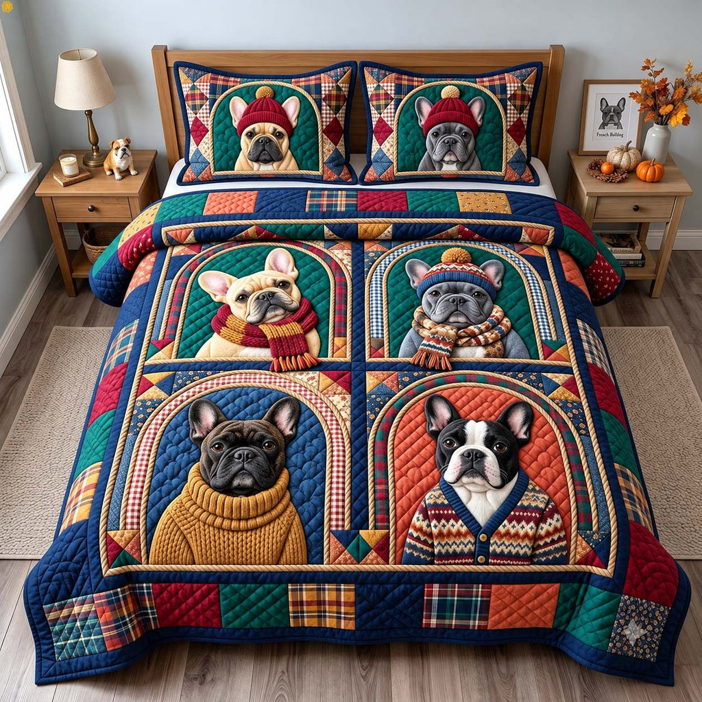 Cozy Frenchie Portraits quilted 3-piece bedding set on a made bed with two matching pillow shams