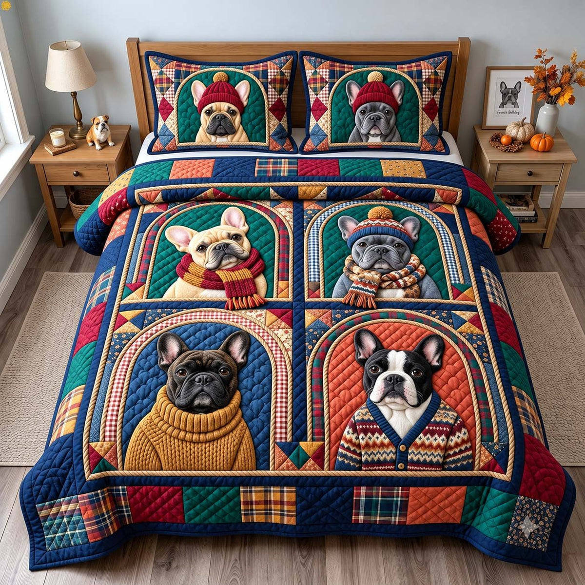 Cozy Frenchie Portraits quilted 3-piece bedding set on a made bed with two matching pillow shams