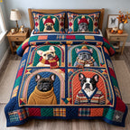 Cozy Frenchie Portraits quilted 3-piece bedding set on a made bed with two matching pillow shams
