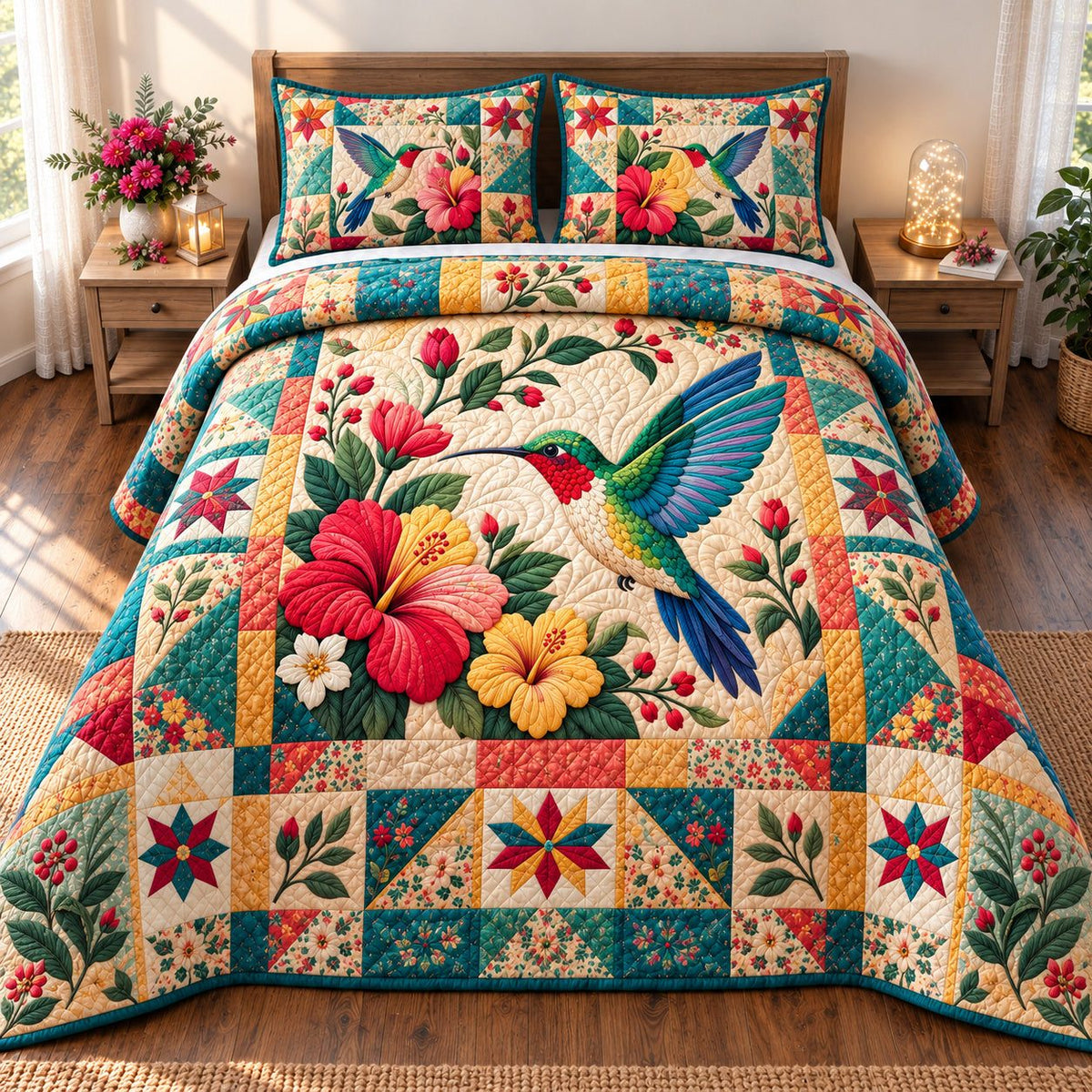 Cozy Hummingbird quilted 3-piece bedding set on a made bed with two matching pillow shams