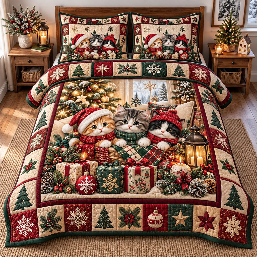 Cozy Kittens Gift Pile quilted 3-piece bedding set on a made bed with two matching pillow shams
