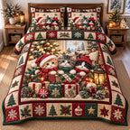 Cozy Kittens Gift Pile quilted 3-piece bedding set on a made bed with two matching pillow shams