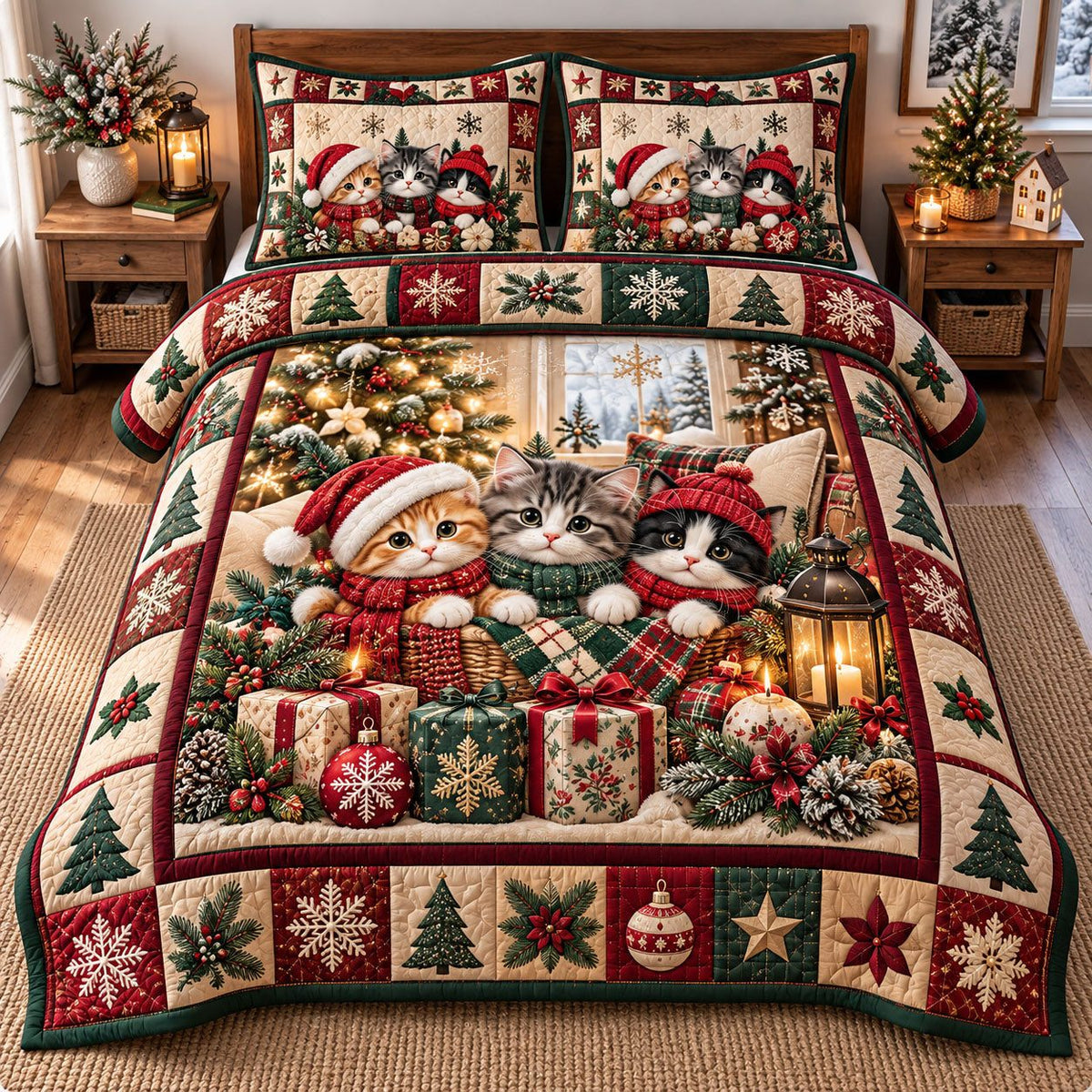 Cozy Kittens Gift Pile quilted 3-piece bedding set on a made bed with two matching pillow shams