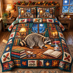 Cozy Library Raccoon quilted 3-piece bedding set on a made bed with two matching pillow shams