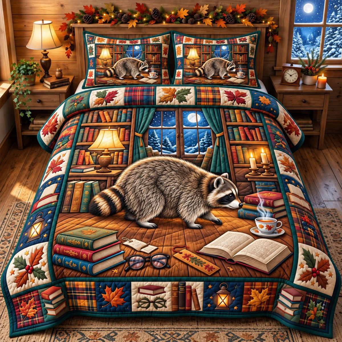 Cozy Library Raccoon quilted 3-piece bedding set on a made bed with two matching pillow shams