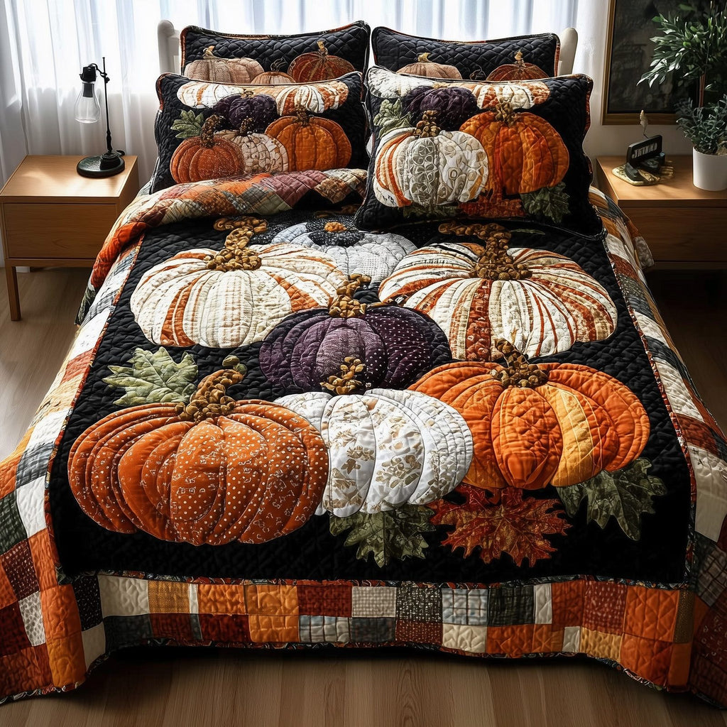 Cozy Pumpkin Patch 3-Piece Quilted Bedding Set GFTOTP10930 quilted 3-piece bedding set on a made bed against a dark styled interior