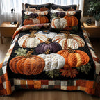 Cozy Pumpkin Patch 3-Piece Quilted Bedding Set GFTOTP10930 quilted 3-piece bedding set on a made bed against a dark styled interior