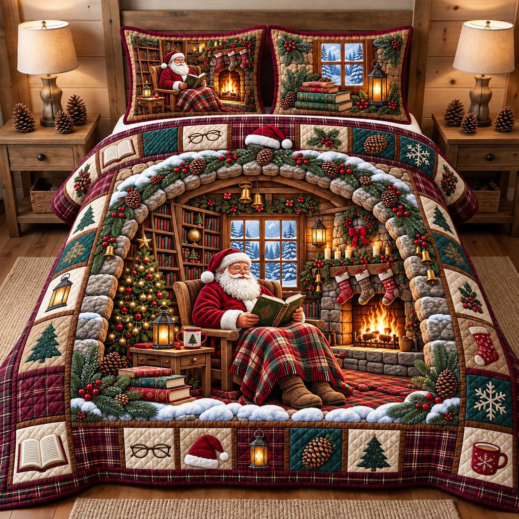 Cozy Santa quilted 3-piece bedding set on a made bed in a winter-styled bedroom