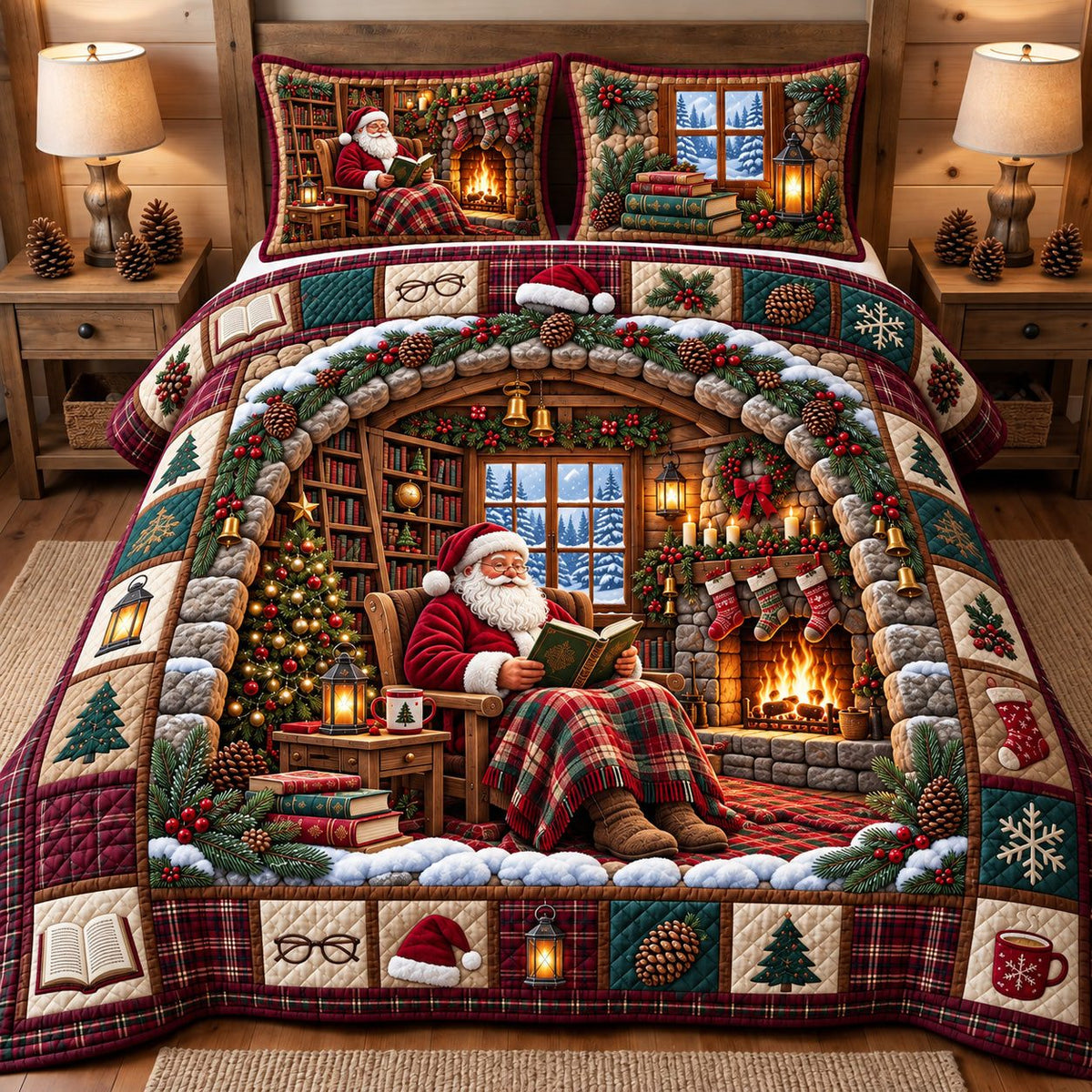 Cozy Santa quilted 3-piece bedding set on a made bed in a winter-styled bedroom