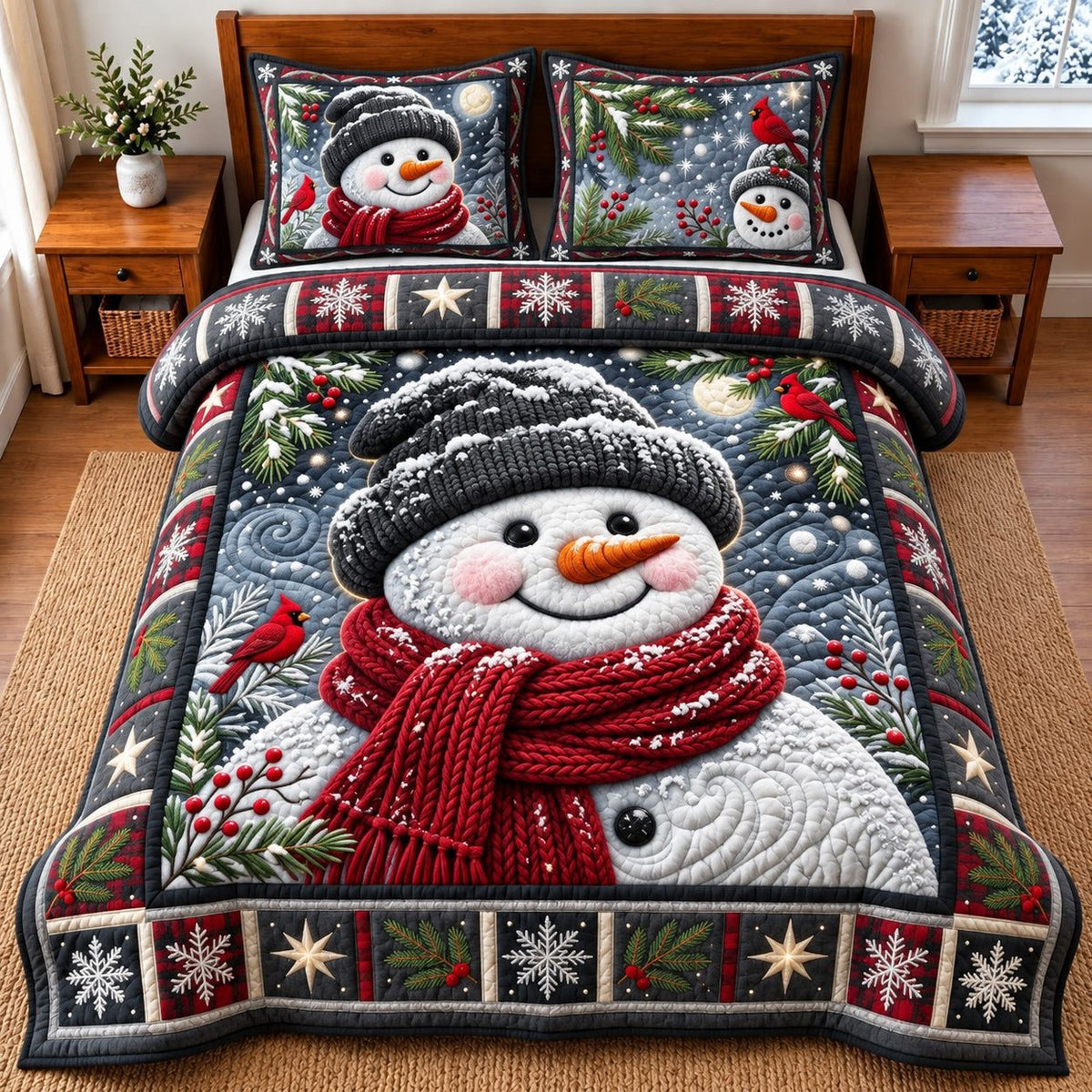 Cozy Snowman quilted 3-piece bedding set on a made bed in a winter-styled bedroom