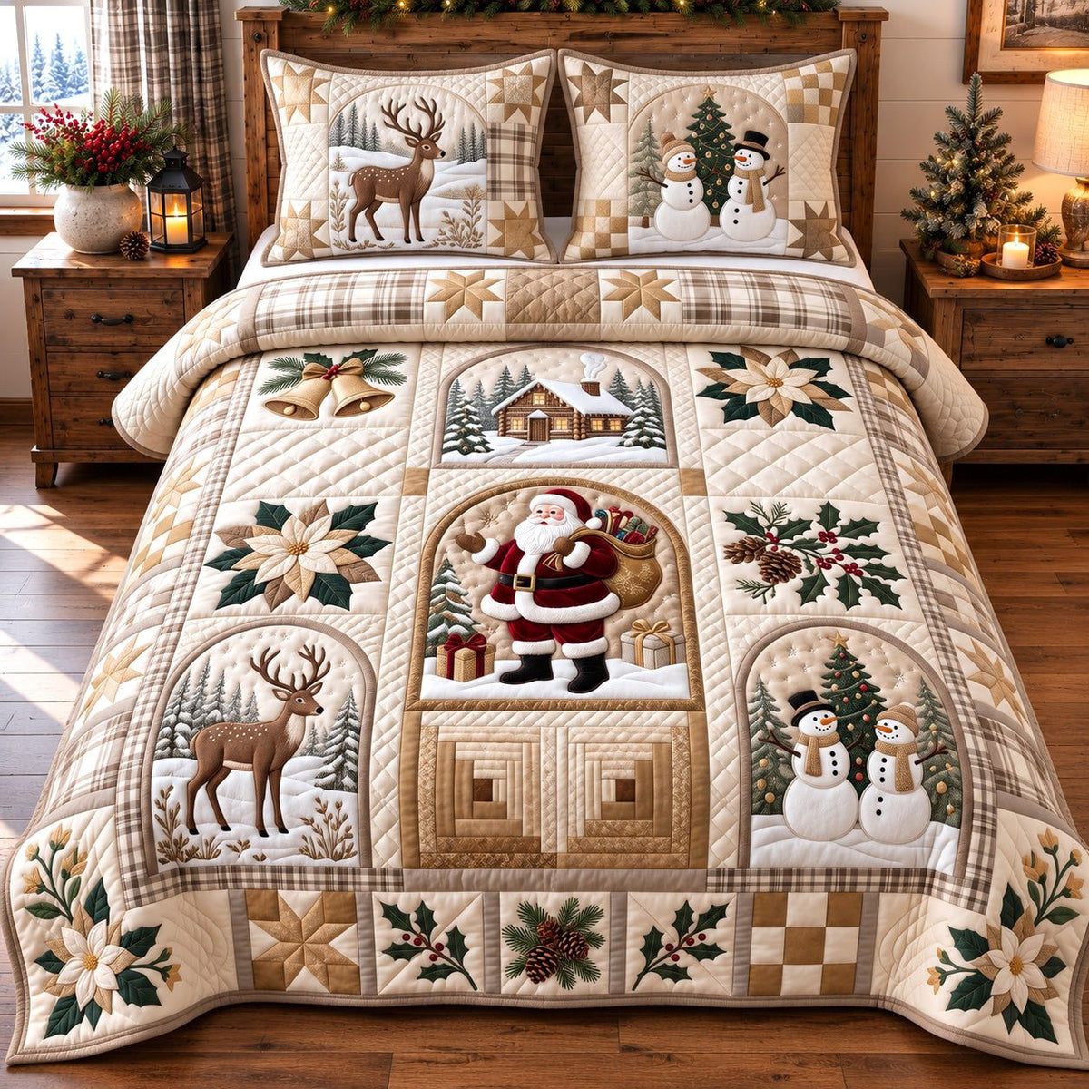 Cream Log Cabin Festive Patchwork quilted 3-piece bedding set on a made bed in a winter-styled bedroom