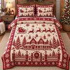 Cream Mansion Sleigh Merry Christmas quilted 3-piece bedding set on a made bed in a winter-styled bedroom