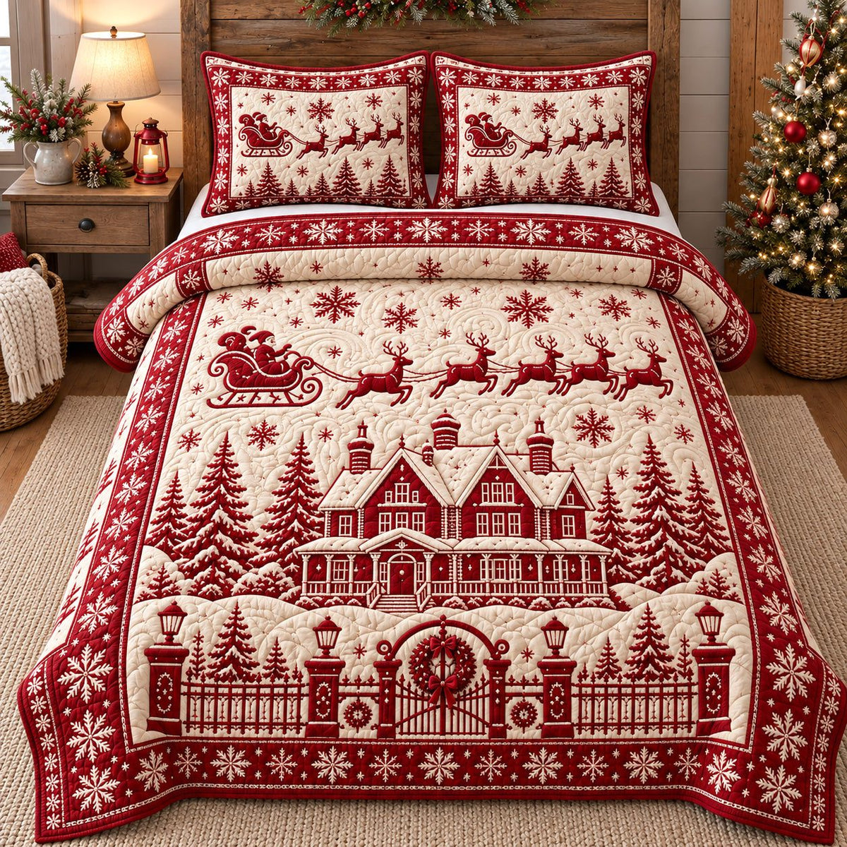 Cream Mansion Sleigh Merry Christmas quilted 3-piece bedding set on a made bed in a winter-styled bedroom