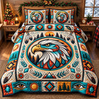 Cream Medallion Eagle Spirit quilted 3-piece bedding set on a made bed in a warmly lit bedroom