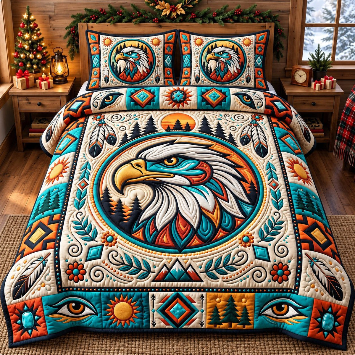 Cream Medallion Eagle Spirit quilted 3-piece bedding set on a made bed in a warmly lit bedroom
