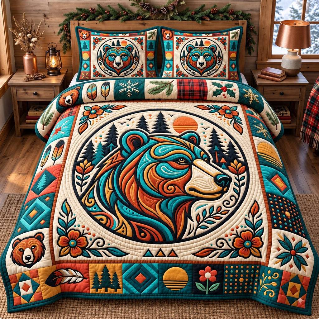 Cream Medallion Native Bear quilted 3-piece bedding set on a made bed with two matching pillow shams
