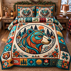 Cream Medallion Native Bear quilted 3-piece bedding set on a made bed with two matching pillow shams