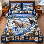 Creek Crossing Snowy Horse quilted 3-piece bedding set on a made bed in a rustic timber bedroom