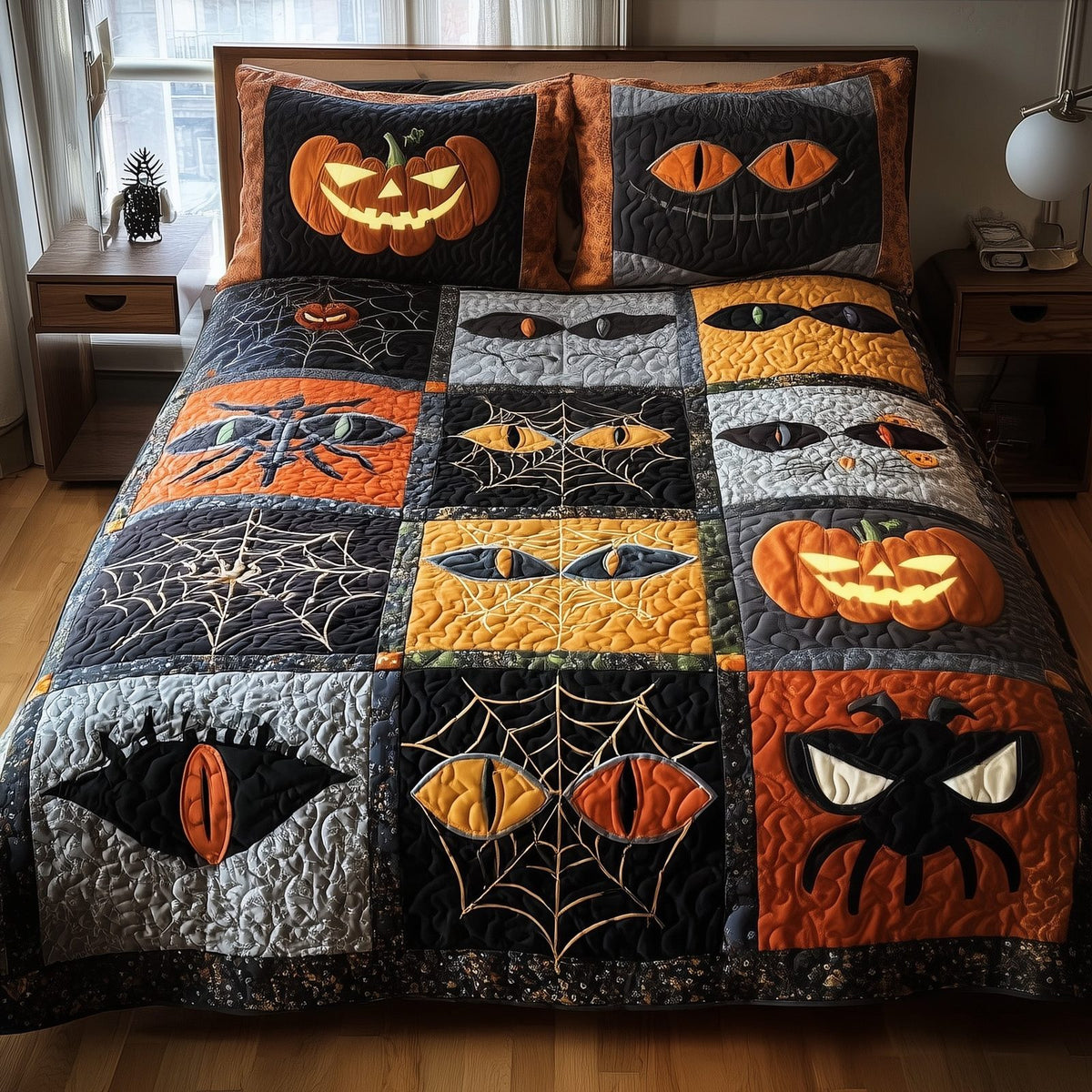 Creepy Halloween 3-Piece Quilted Bedding Set GFTOTP11149 quilted 3-piece bedding set on a made bed against a dark styled interior