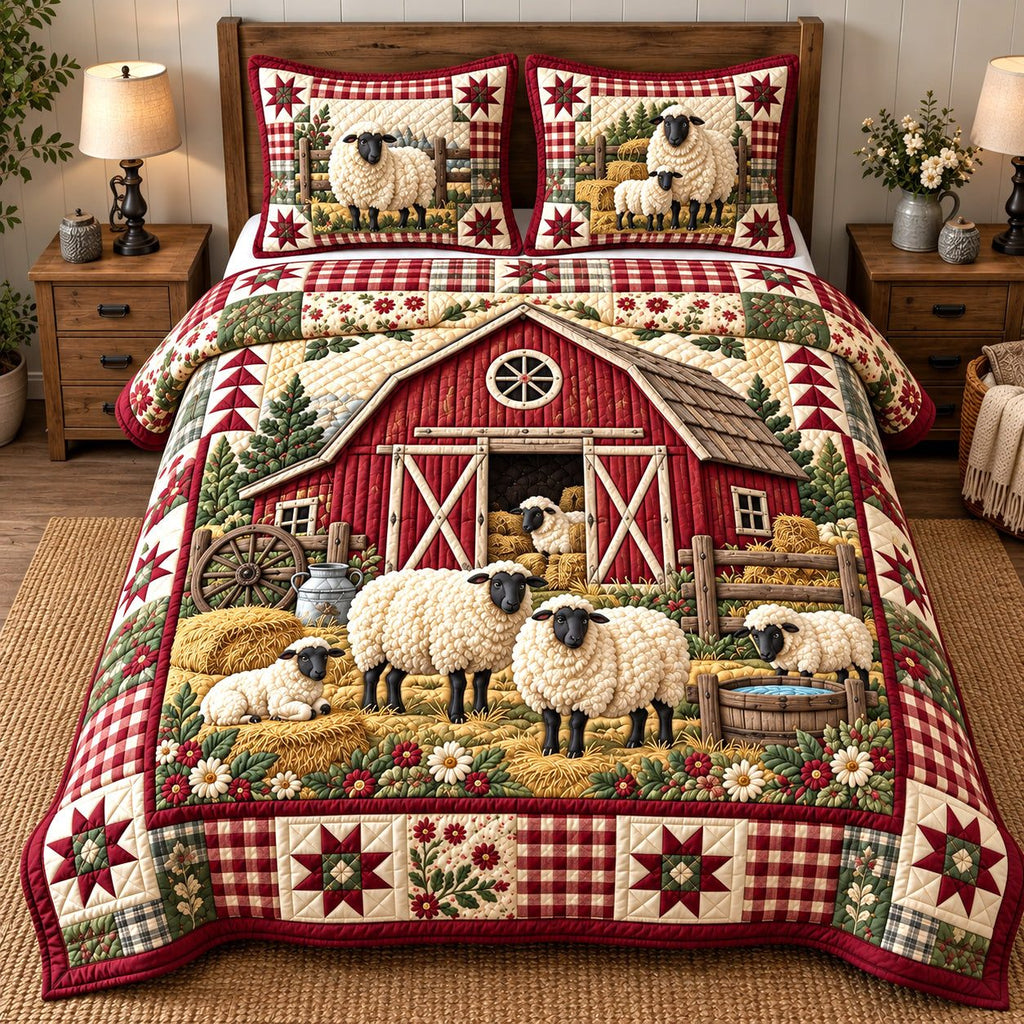 Crimson Barnyard Mates quilted 3-piece bedding set on a made bed with two matching pillow shams