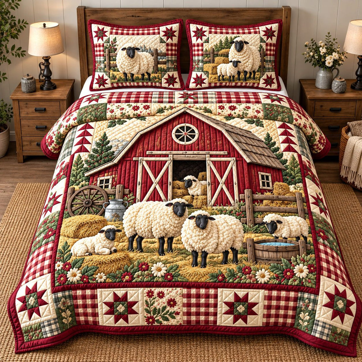 Crimson Barnyard Mates quilted 3-piece bedding set on a made bed with two matching pillow shams