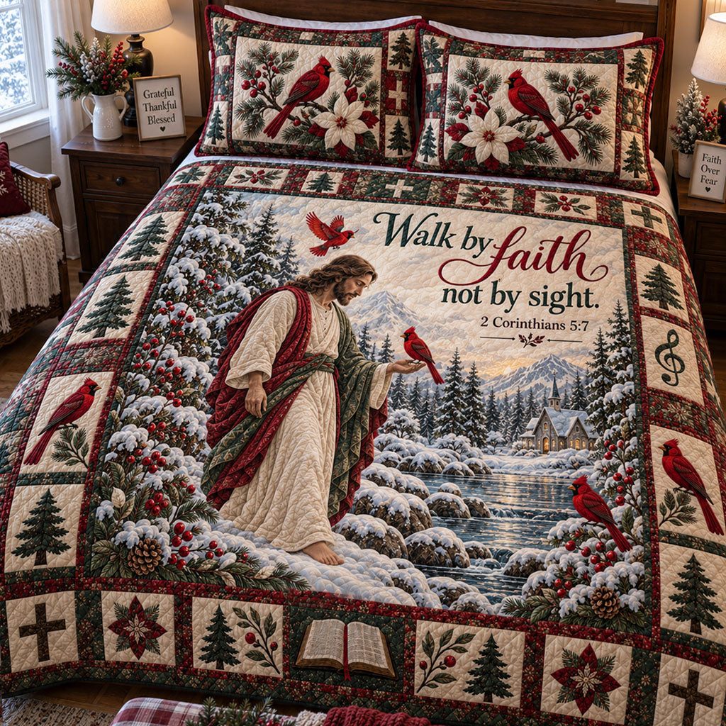 Crimson Blessing quilted 3-piece bedding set on a made bed with two matching pillow shams