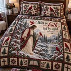 Crimson Blessing quilted 3-piece bedding set on a made bed with two matching pillow shams