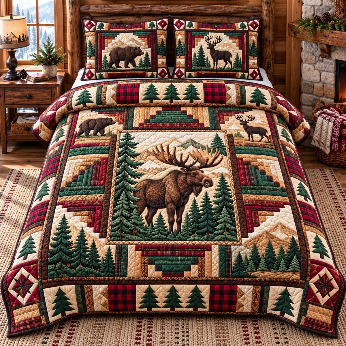 Crimson Diamond Moose Patchwork quilted 3-piece bedding set on a made bed in a farmhouse bedroom