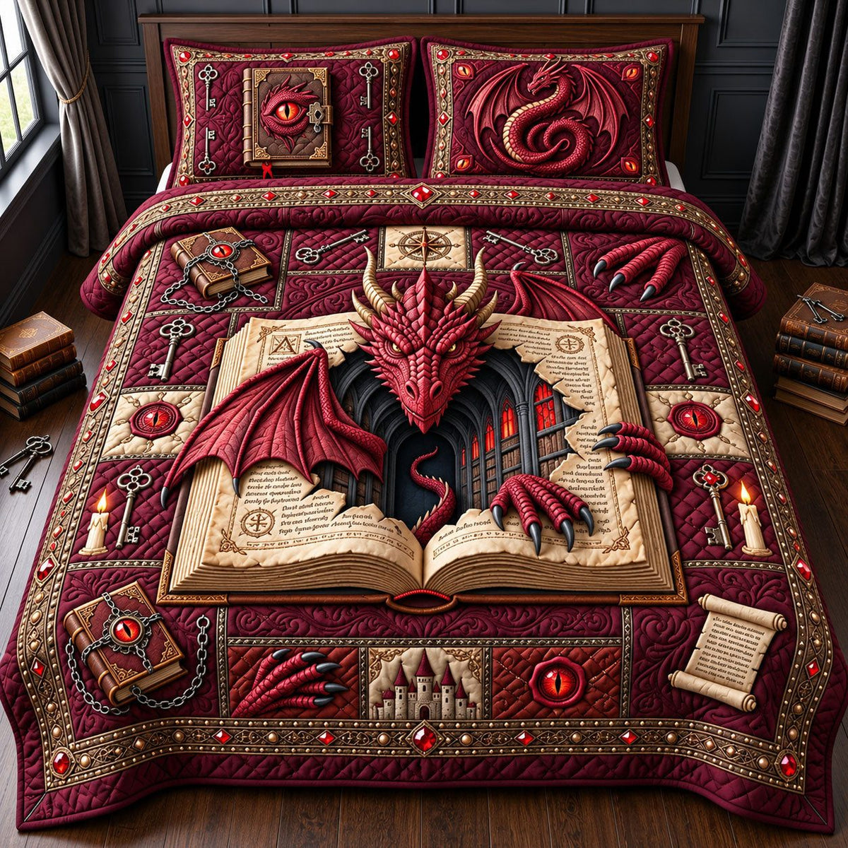 Crimson Dragon quilted 3-piece bedding set on a made bed with two matching pillow shams