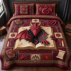 Crimson Dragon quilted 3-piece bedding set on a made bed with two matching pillow shams