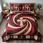 Crimson Faith quilted 3-piece bedding set on a made bed in a softly lit bedroom