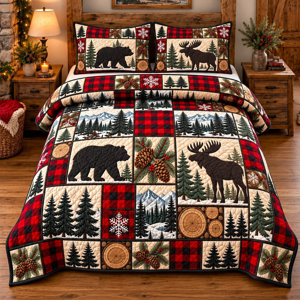 Crimson Forest Patchwork quilted 3-piece bedding set on a made bed in a farmhouse bedroom