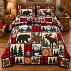 Crimson Forest Patchwork quilted 3-piece bedding set on a made bed in a farmhouse bedroom
