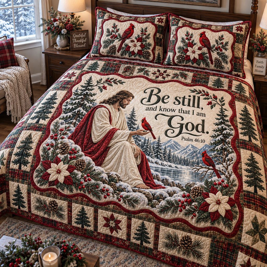 Crimson Grace quilted 3-piece bedding set on a made bed with two matching pillow shams