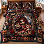 Crimson Rose Voodoo Doll Mirror quilted 3-piece bedding set on a made bed against a dark styled interior