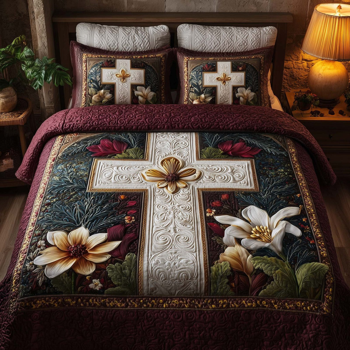 Cross 3-Piece Quilted Bedding Set GFTOHD12721 quilted 3-piece bedding set on a made bed in a softly lit bedroom