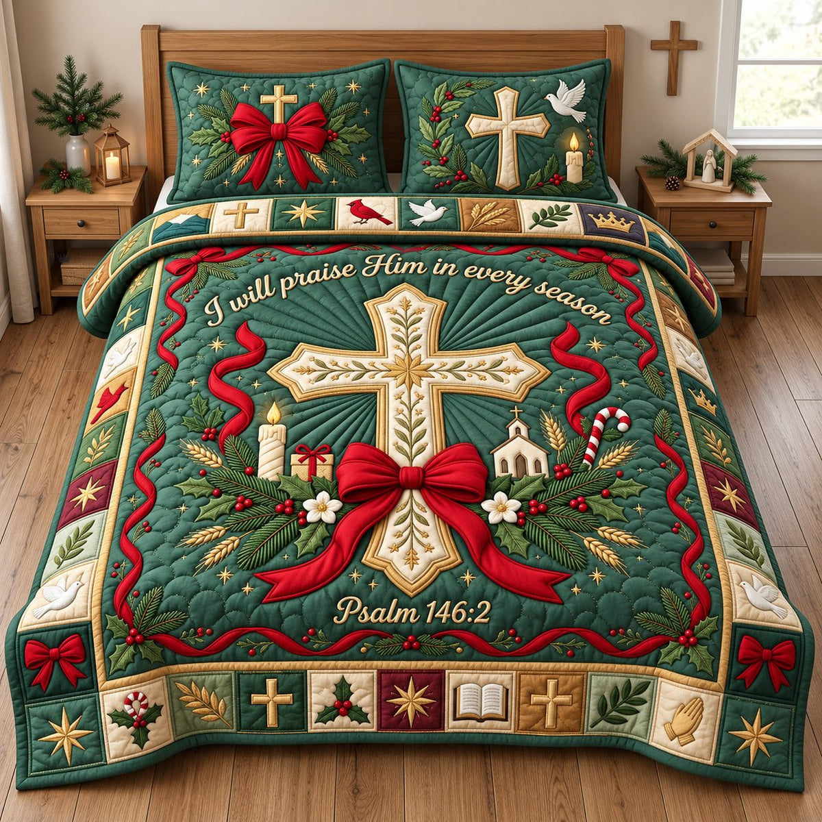 Cross And Bow Praise Him In Every Season quilted 3-piece bedding set on a made bed in a softly lit bedroom