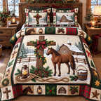 Cross And Horse quilted 3-piece bedding set on a made bed in a softly lit bedroom