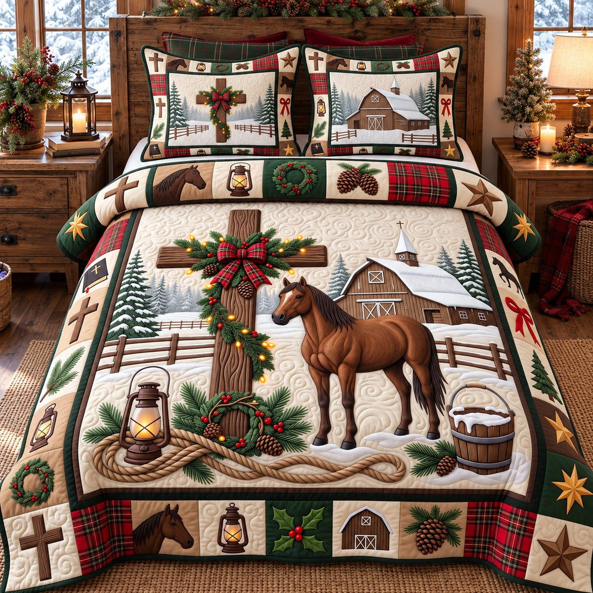 Cross And Horse quilted 3-piece bedding set on a made bed in a softly lit bedroom
