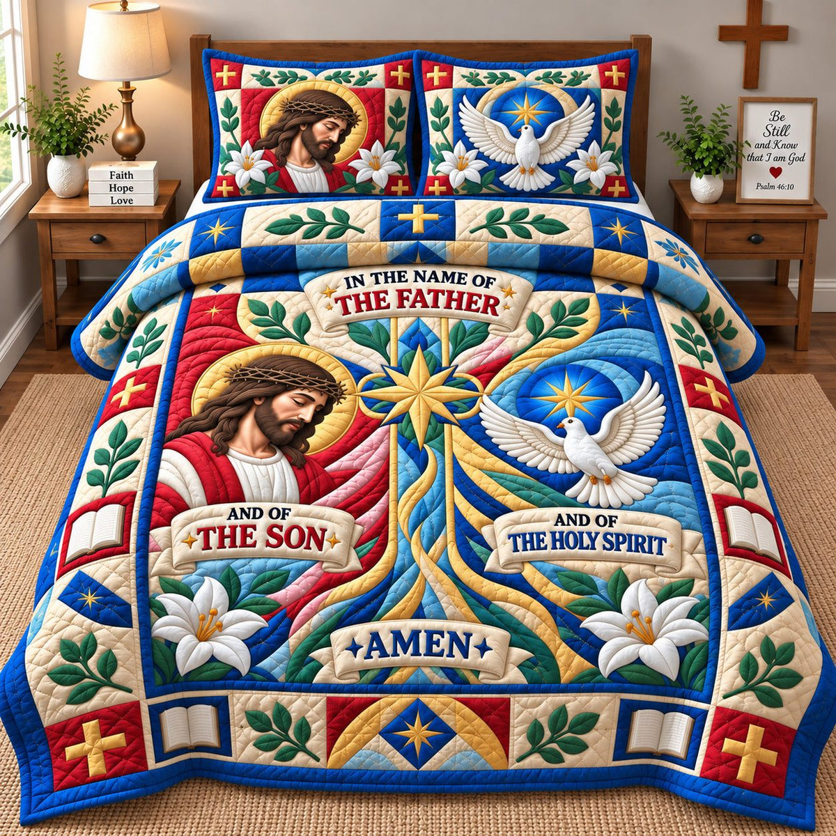 Cross Bible Verse quilted 3-piece bedding set on a made bed in a softly lit bedroom