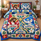 Cross Bible Verse quilted 3-piece bedding set on a made bed in a softly lit bedroom