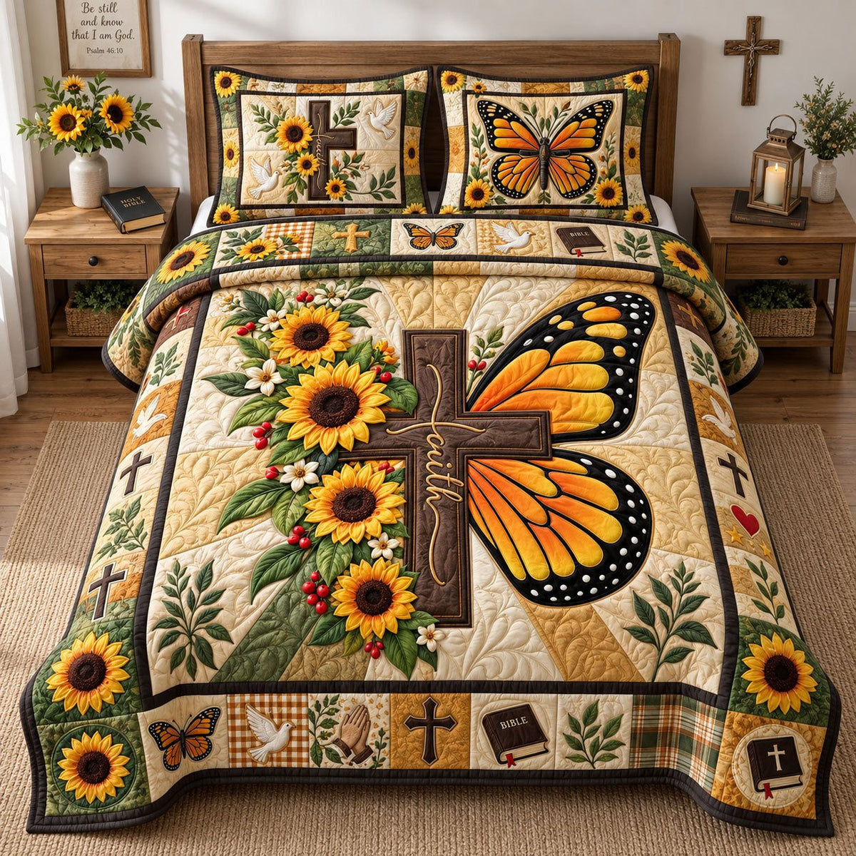 Cross Butterfly quilted 3-piece bedding set on a made bed in a softly lit bedroom