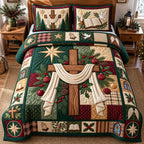 Cross Christmas quilted 3-piece bedding set on a made bed in a winter-styled bedroom